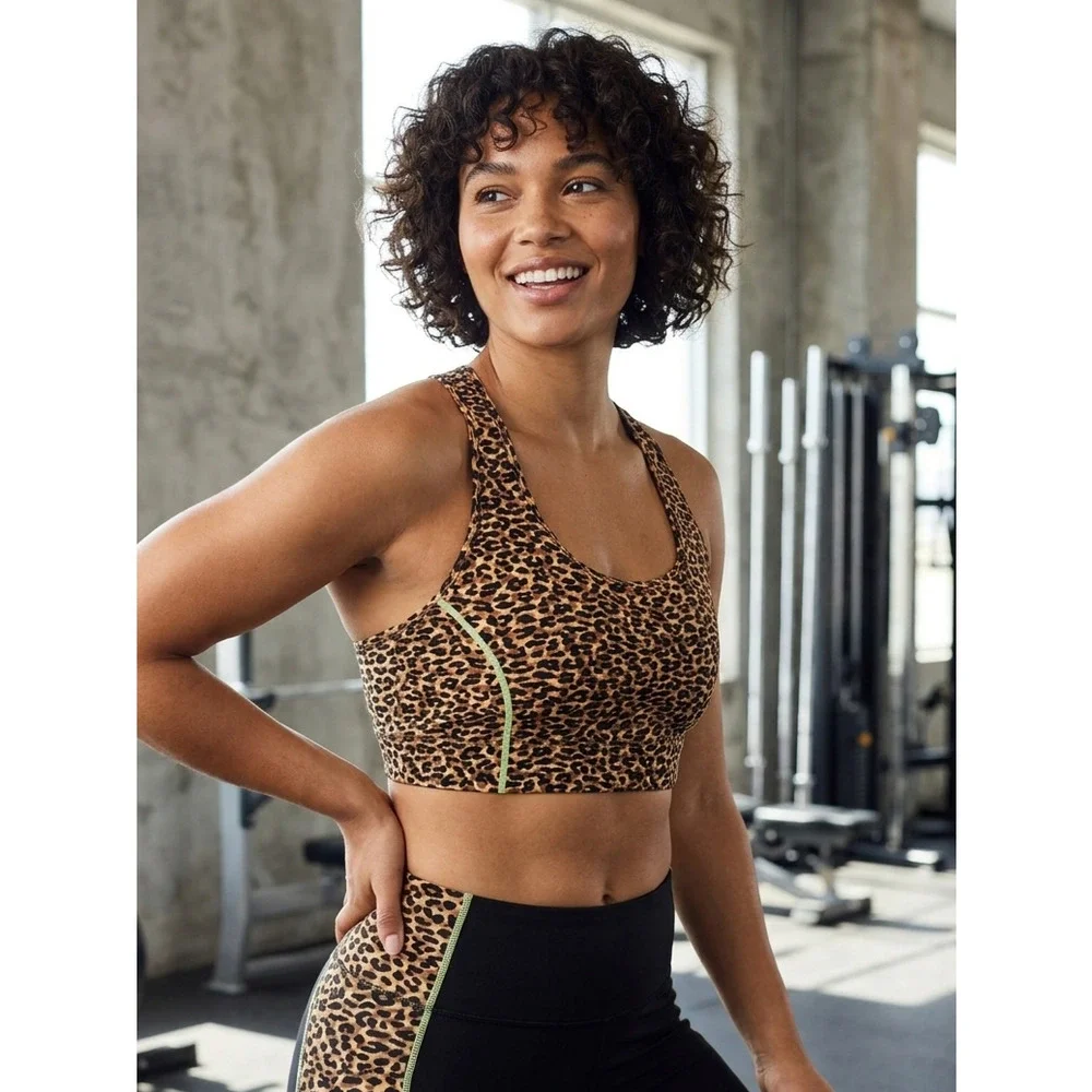 Fabletics Leopard Print Racerback Sports Bra Lime Green Trim‎ 1x / 2x